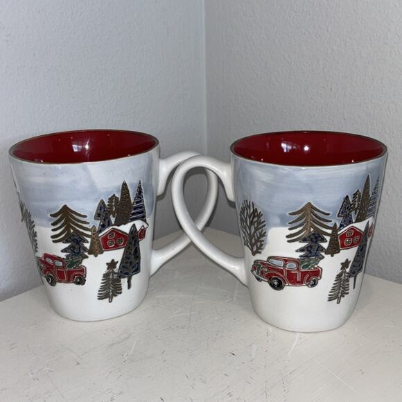 Eli & Ana Elk Ridge Red Truck Christmas Tree Holiday Set Of 2 Mugs Ceramic New - Picture 4 of 5